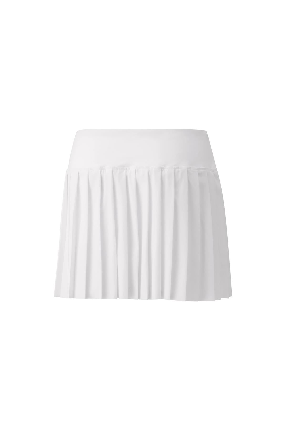 The Yonex 26123 Women's Tennis Skirt in white features a pleated mini design with a smooth waistband and is crafted from cooling Xylitol material, showcased against a plain background.