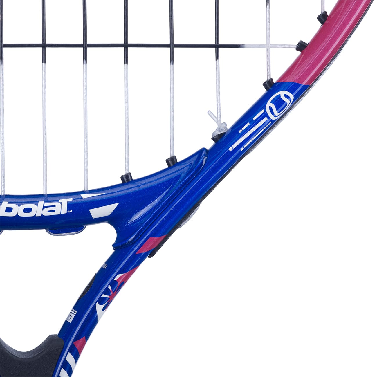 Close-up of a Babolat B-Fly 21 Junior tennis racket's head. The frame is primarily purple with pink accents, and the strings are tightly strung. Perfect for young players, this children's tennis racket features the Babolat logo on the left side of the frame.