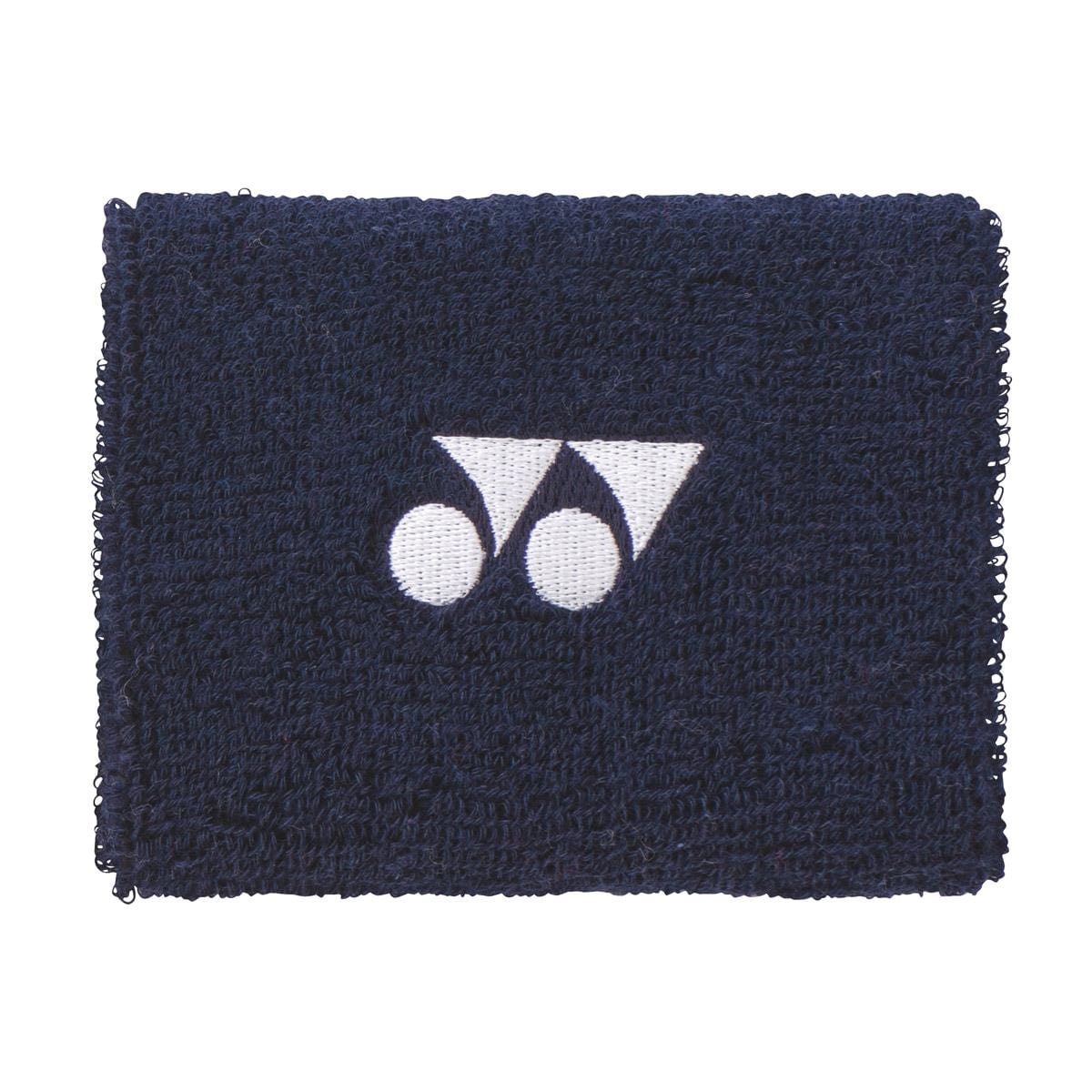 A Yonex AC492 Wristband in navy blue, featuring the brand's logo in white with two circles and a triangular design. The texture is cool and dry, providing softness and absorbency to keep you comfortable.