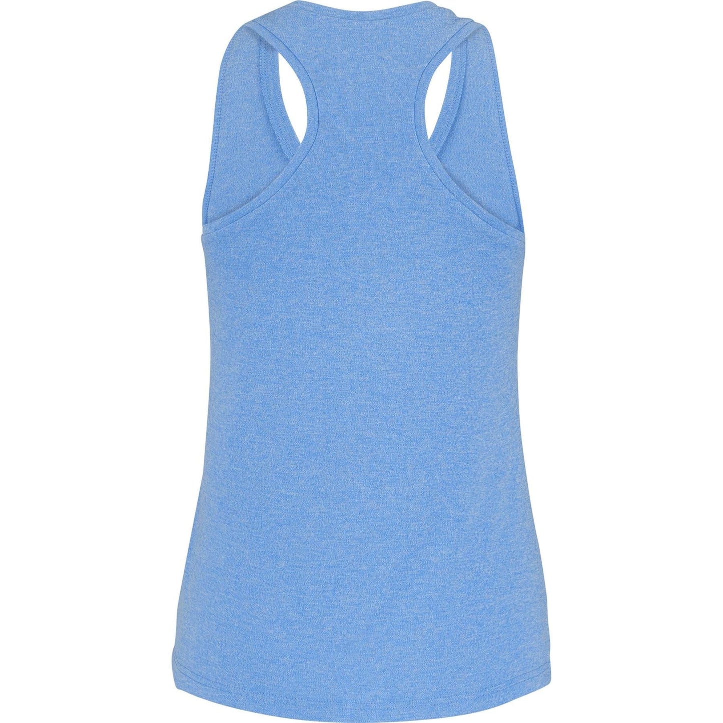 A back view of the Babolat Play 2025 Women's Tennis Tank Top in White/Blue Heather reveals a racerback design in a simple, solid color. Part of Babolat's line, it's crafted from recycled polyester for comfort and contains no visible logos or patterns.