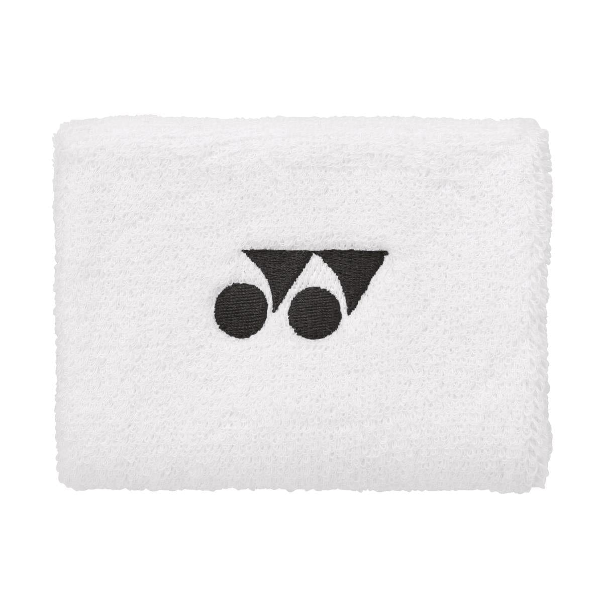 The Yonex AC492 Wristband in white features a black embroidered logo with a geometric design of overlapping circles and triangles, making it ideal for use on the court.