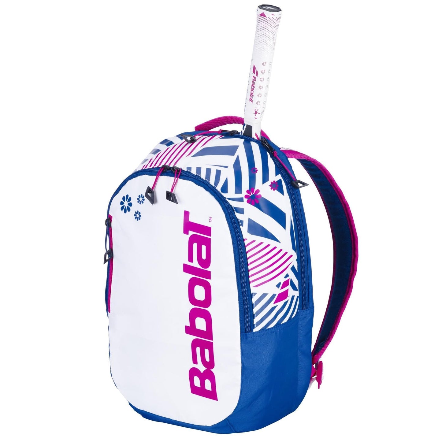 The Babolat Kids Tennis Backpack - Blue/White/Pink features "Babolat" in pink lettering on the white front, a blue bottom with bold geometric patterns in white and blue, and pink accents. A racket handle charmingly protrudes from the top zipper, perfect for young tennis players.