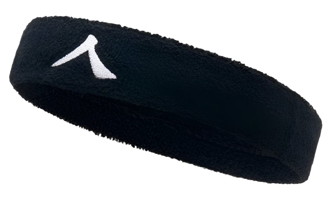 The Kanso 4cm Headband - Black has a simple white logo, made from absorbent fabric for maximum sports comfort. Its textured design combines style and function, set against a plain background.