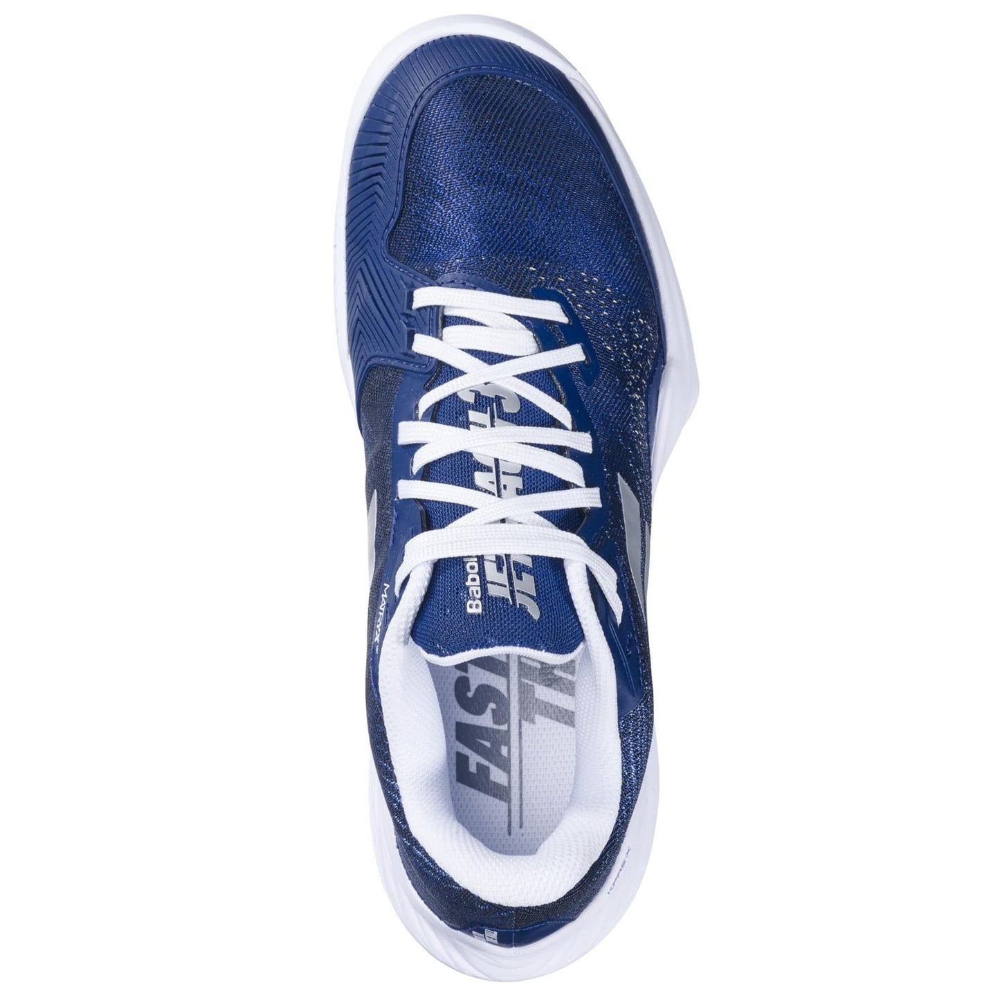 The Babolat Jet Mach 3 All Court 2025 Women's Tennis Shoes in dark blue feature white laces and a sole, with "FAST" inside. They incorporate Matryx technology for textured, breathable fabric with synthetic accents enhancing performance.