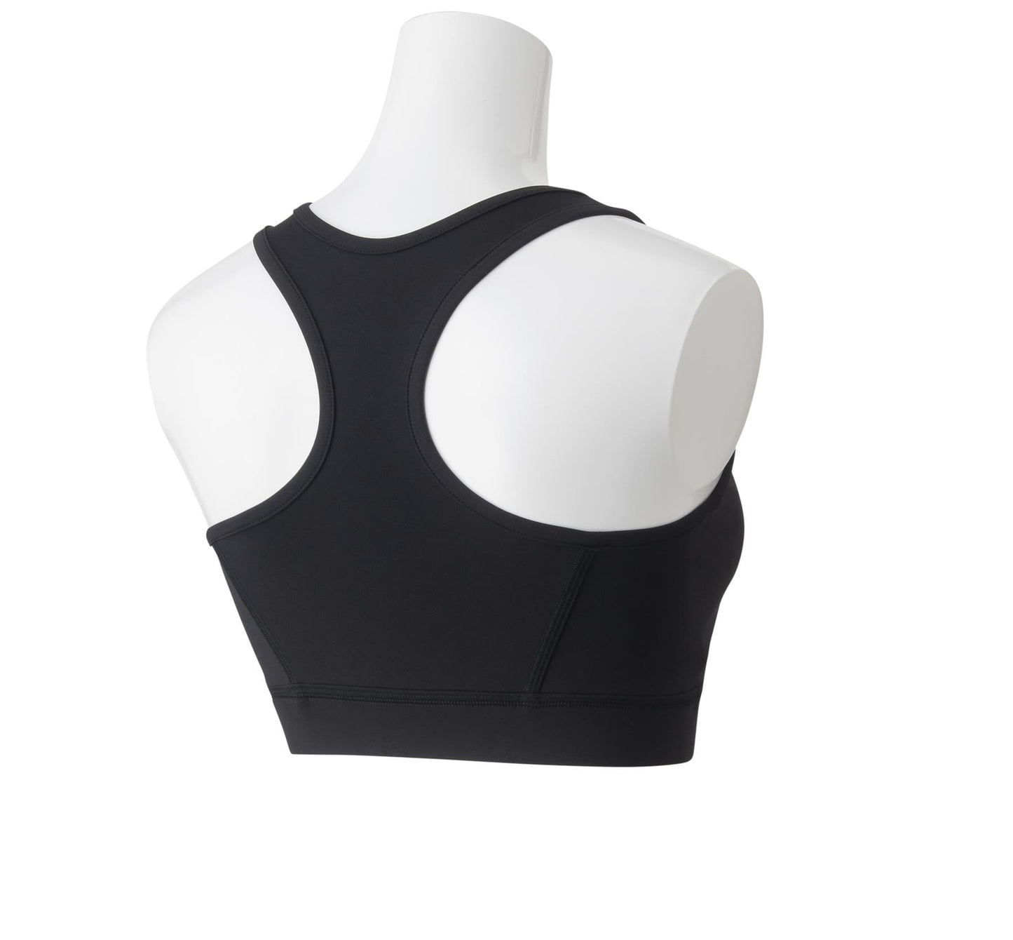 The image displays a Yonex 46045 Women's Tennis Sports Bra on a mannequin. This stylish black bra, designed by Yonex, features a racerback style and is shown from the back against a simple white background. Its innovative cooling technology provides UV reduction, ensuring both comfort and protection during your workout.