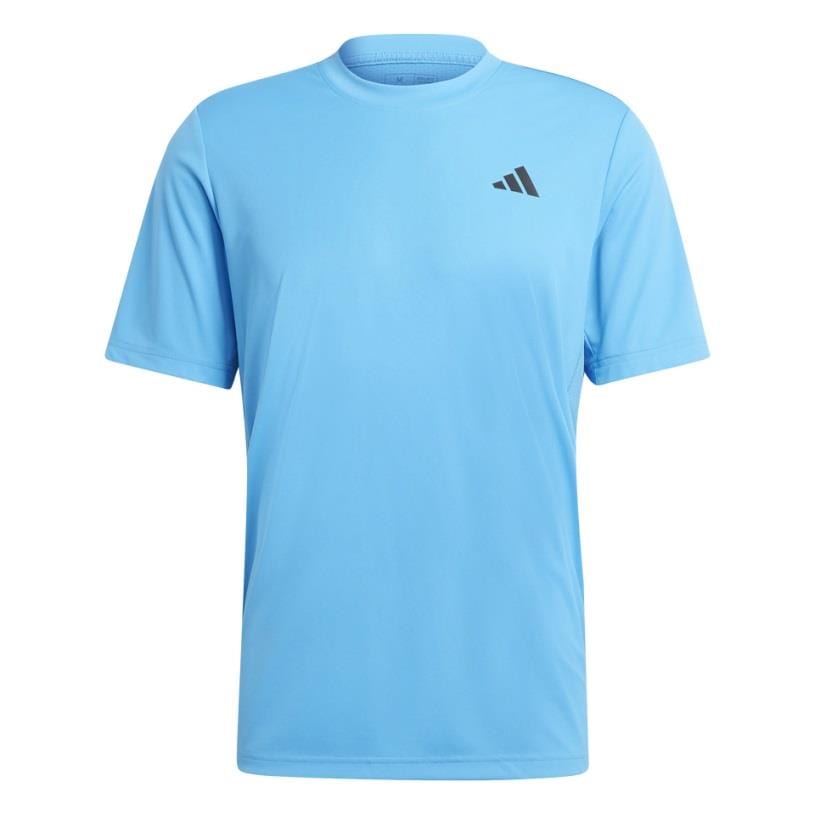 A pulse blue adidas men's Club Tennis T-shirt showcases a small black logo on the upper left chest area. It has short sleeves, a round neckline, and incorporates AEROREADY technology for improved comfort.