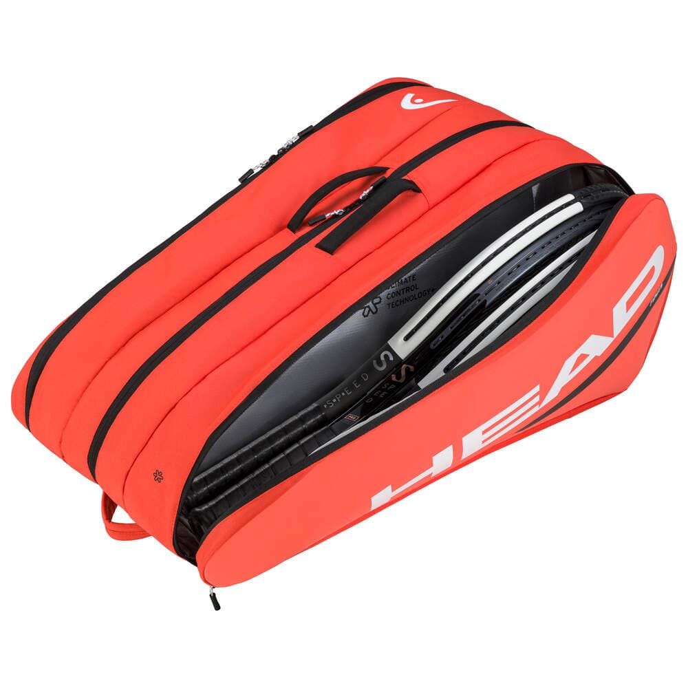The HEAD Tour Tennis Racket Bag XL in fluorescent orange prominently displays the "HEAD" brand logo. It is designed with dual zippers and boasts a side compartment that stores multiple racquets. The backpack carry system enhances portability for athletes on the move.