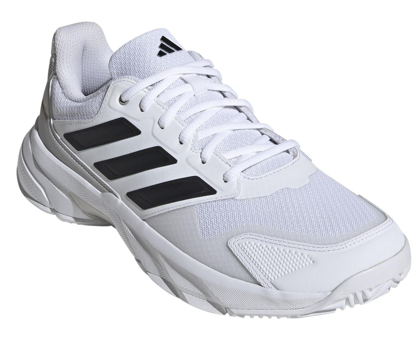 The ADIDAS CourtJam Control 3 men's tennis shoes in white feature a sporty design with black stripes, a sustainable mesh upper, and a cushioned sole. The adidas lace-up style is highlighted by its unique angle.