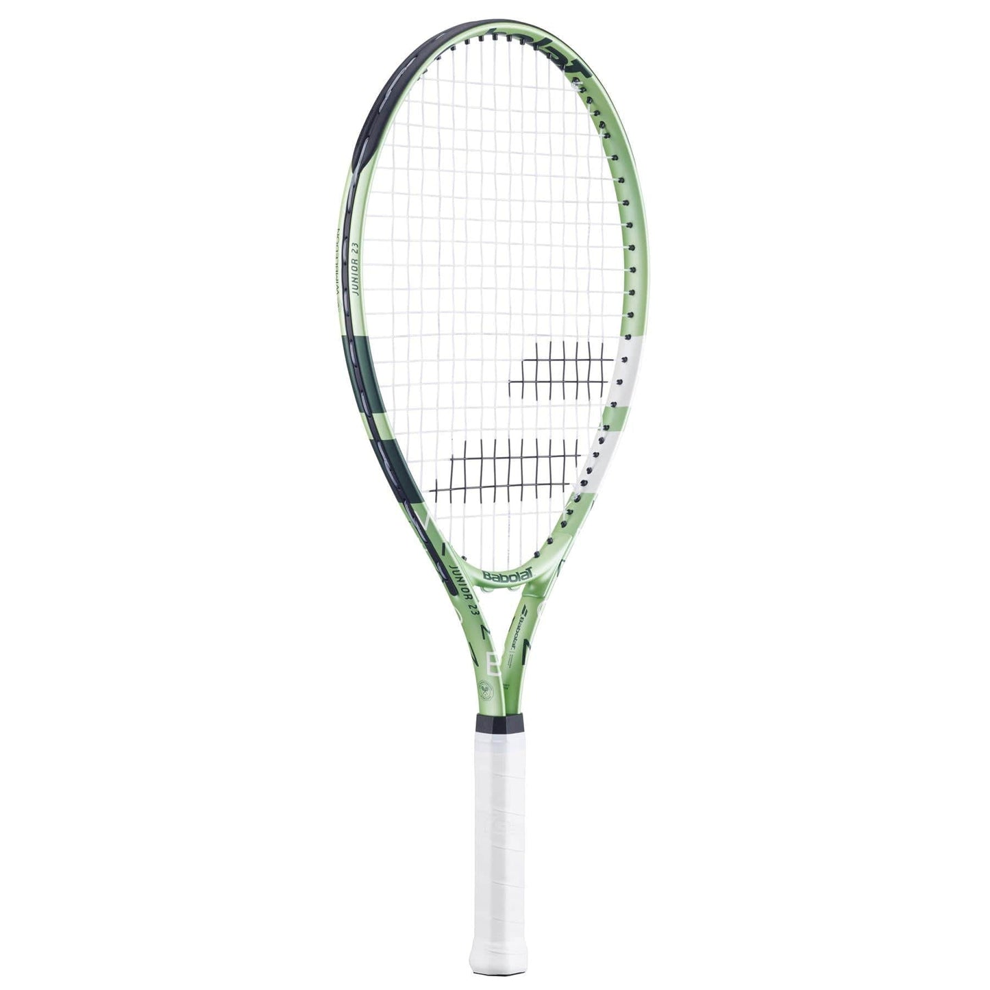 The Babolat Junior 23 Wimbledon 2025 Tennis Racket in Champagne Green is displayed upright with a white grip against a plain white background.