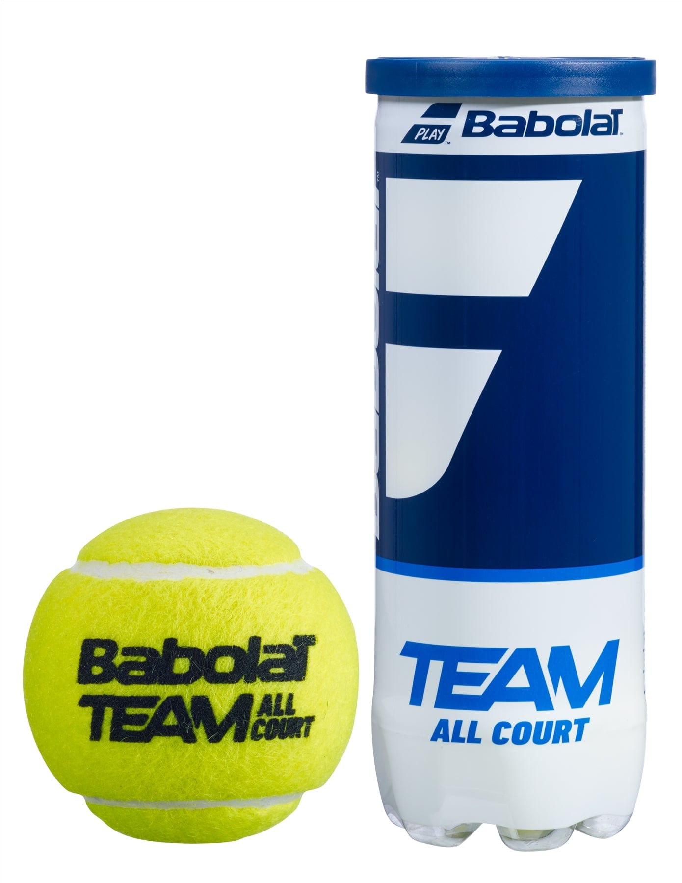 A high-performance Babolat Pure Team All Court tennis ball packaged in a blue and white three-ball tube, featuring durable yellow balls with black text. The canister prominently showcases the iconic Babolat logo and text.