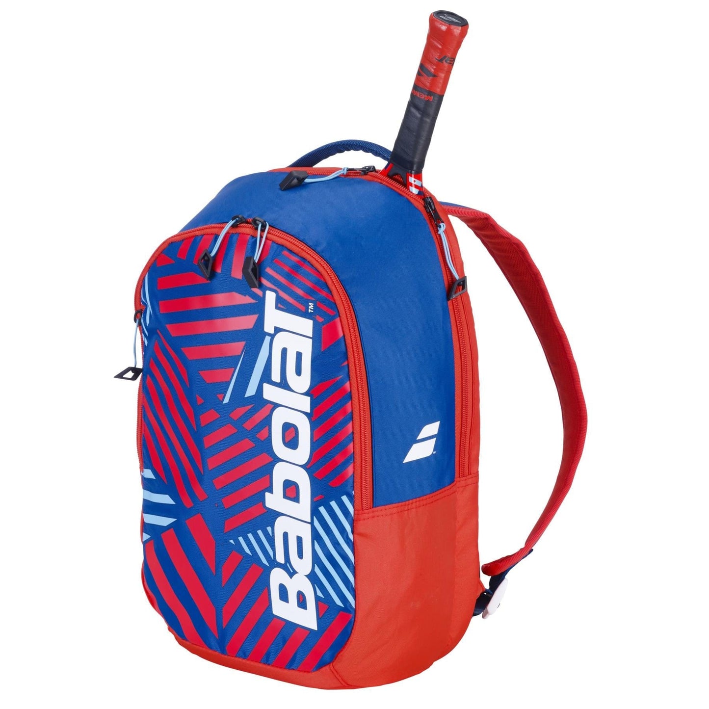 Discover the Babolat Kids Tennis Backpack in Blue/Red, with a bold geometric pattern. Made from recycled materials, it has a racket compartment with handle visibility and prominently features the iconic Babolat logo on the front.