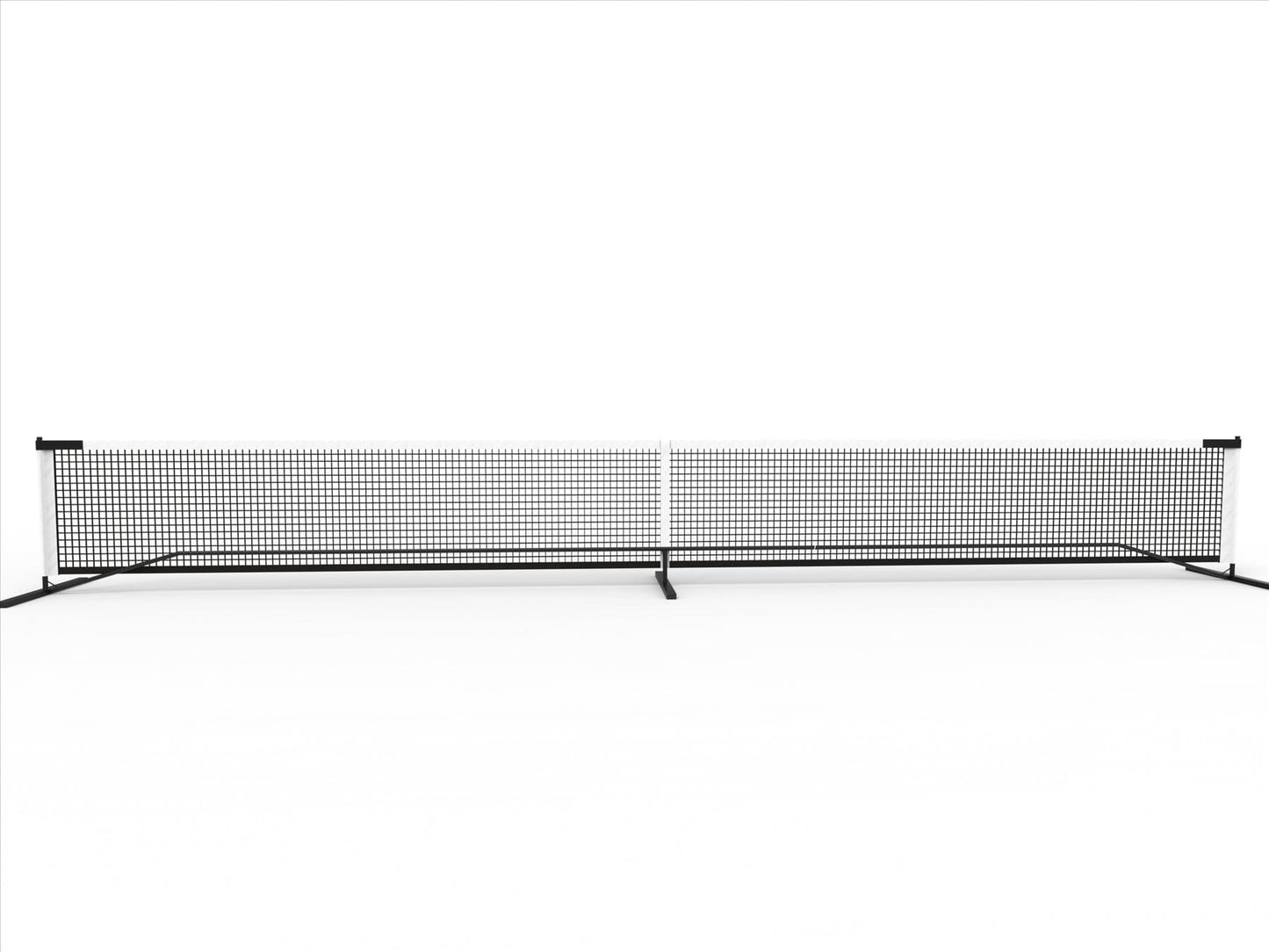 The Pickleball United Driveway 10 Junior Pickleball Net by Pickleball United is shown set up on a white surface, featuring black and white colors, freestanding design with two vertical end poles, and a base support bar.