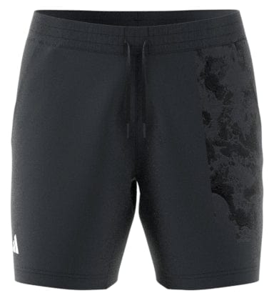 Introducing the ADIDAS Mens Paris Ergo Tennis Shorts in Carbon, these athletic shorts feature a subtle textured design on one side with clay surface-inspired graphics. Equipped with HEAT.RDY technology, a drawstring waist, and a small white adidas logo near the hem, they offer both style and performance.