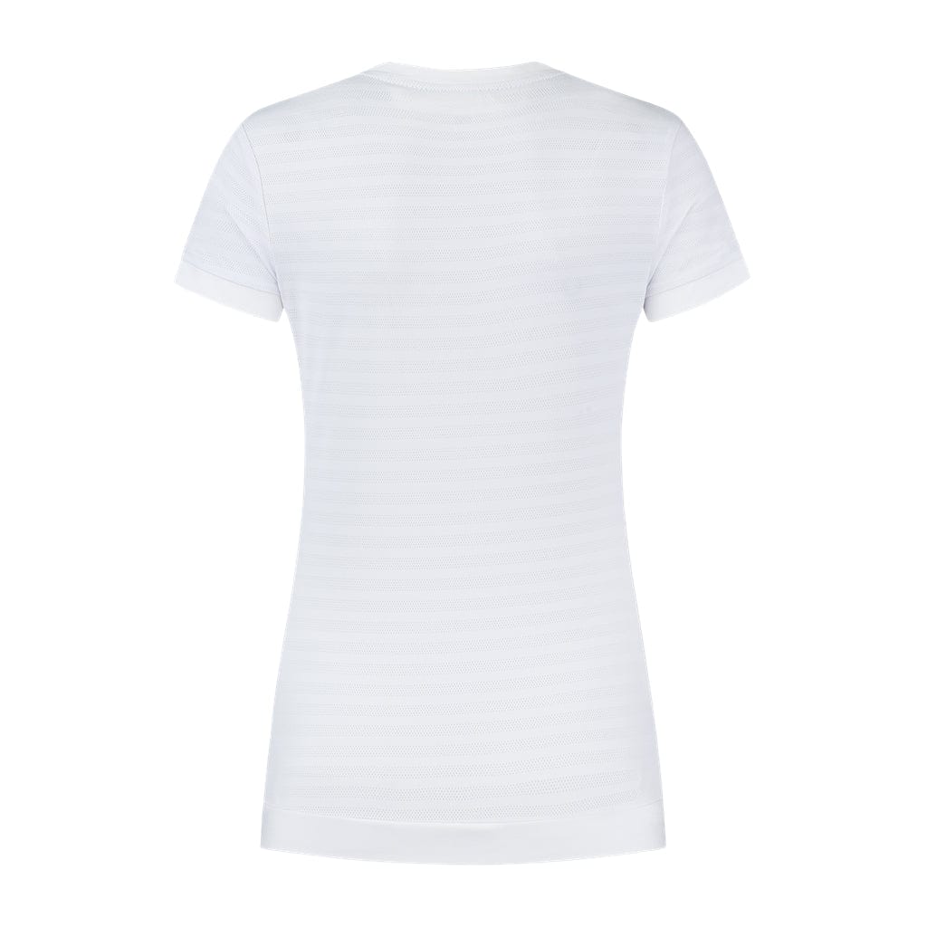 Back view of the K-Swiss Tac Hypercourt Women's V-Neck Tennis Top in white, displayed on a white background. This short-sleeved shirt, from the Tac Hypercourt collection by K-Swiss, showcases a simple design.