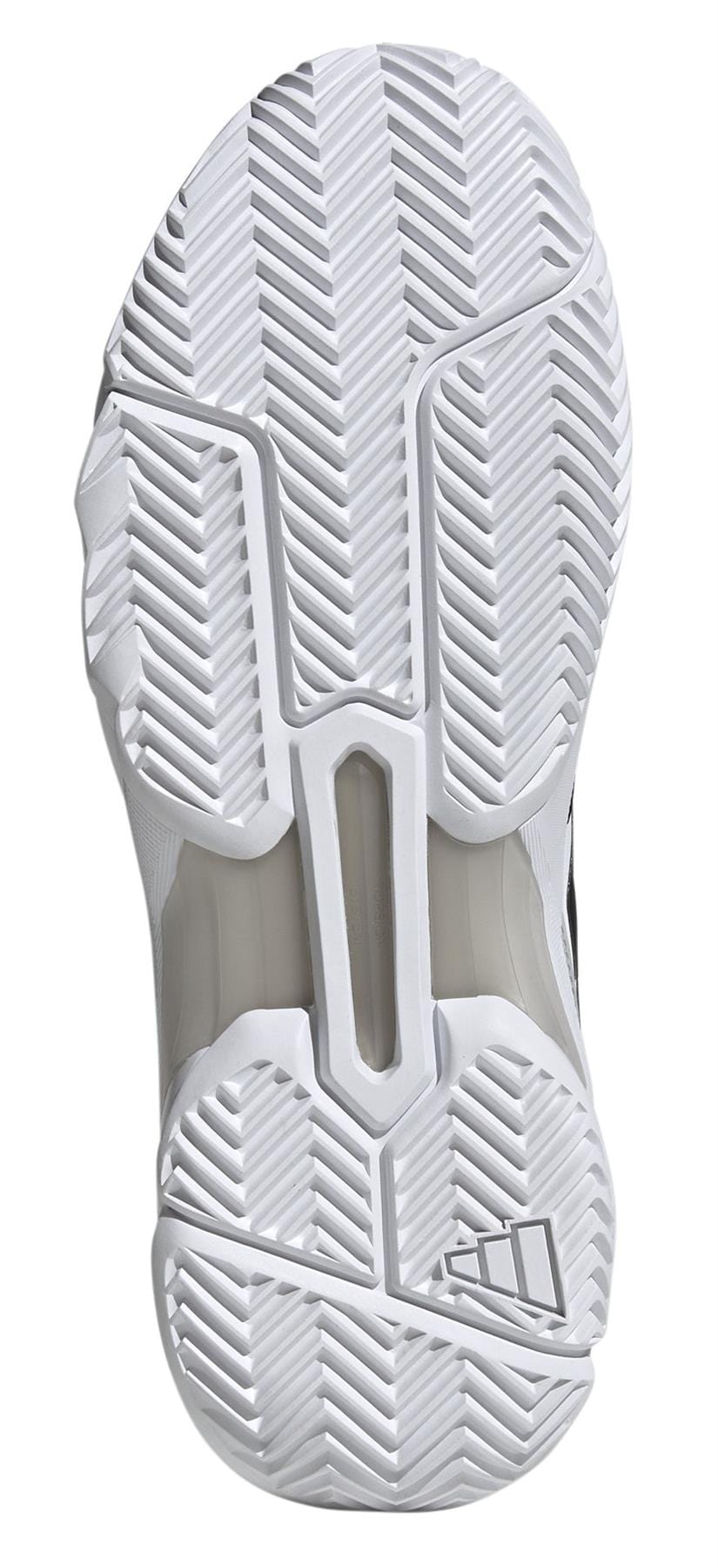 The image shows the sole of an ADIDAS CourtJam Control 3 Men's Tennis Shoe in white, featuring a complex pattern with diagonal grooves for traction and visible midfoot cushioning. The intricate design highlights textured sections designed for performance.