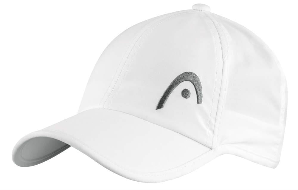 The HEAD Pro Player Tennis Cap - White by HEAD boasts a lightweight polyester design with a curved brim and superior sweat absorption, highlighted by an embroidered logo on the front resembling a stylized letter "H" or an arch with a dot.