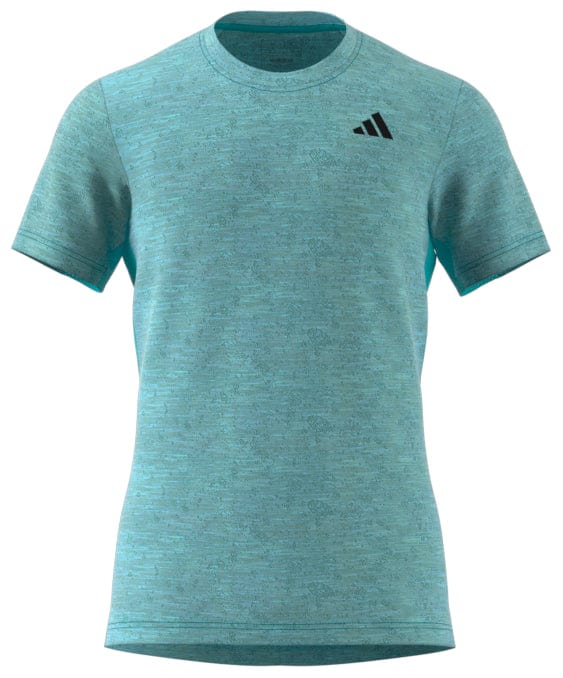 This blue ADIDAS Men's Freelift Tennis T-Shirt incorporates AEROREADY technology and showcases a small black adidas logo on the left chest, providing both style and comfort for every serve.