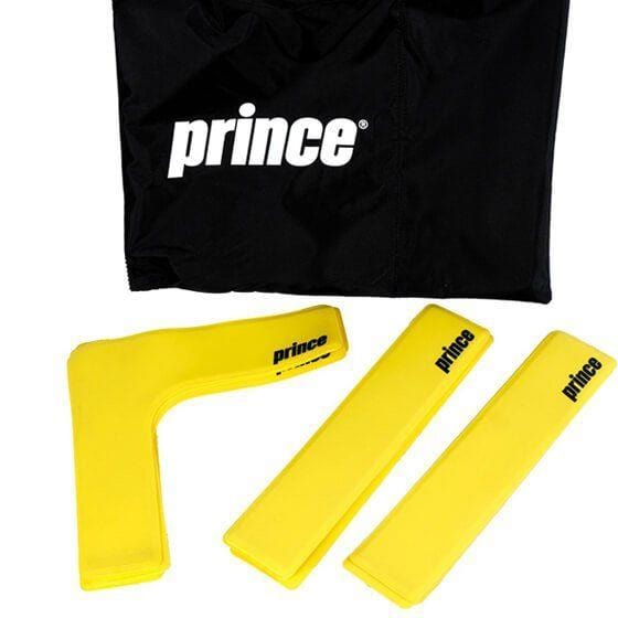 A black bag from the Prince brand includes three yellow non-slip vibration dampeners featuring the Prince logo, designed for tennis rackets. These dampeners come in two rectangular shapes and one L-shape, ideal for mastering court lines on match day.