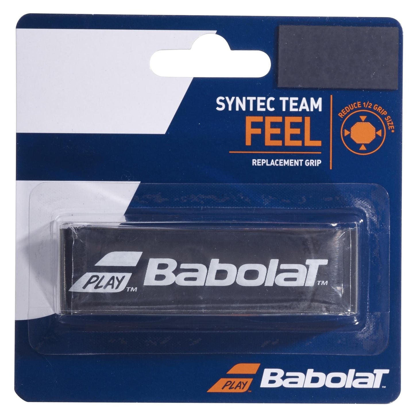 The packaging for the Babolat Syntec Team X1 Replacement Tennis Grip - Black features a blue and white design with orange accents and prominently displays the Babolat logo. A clear section reveals the thin grip, designed to enhance racket control and maximize feel on the court.