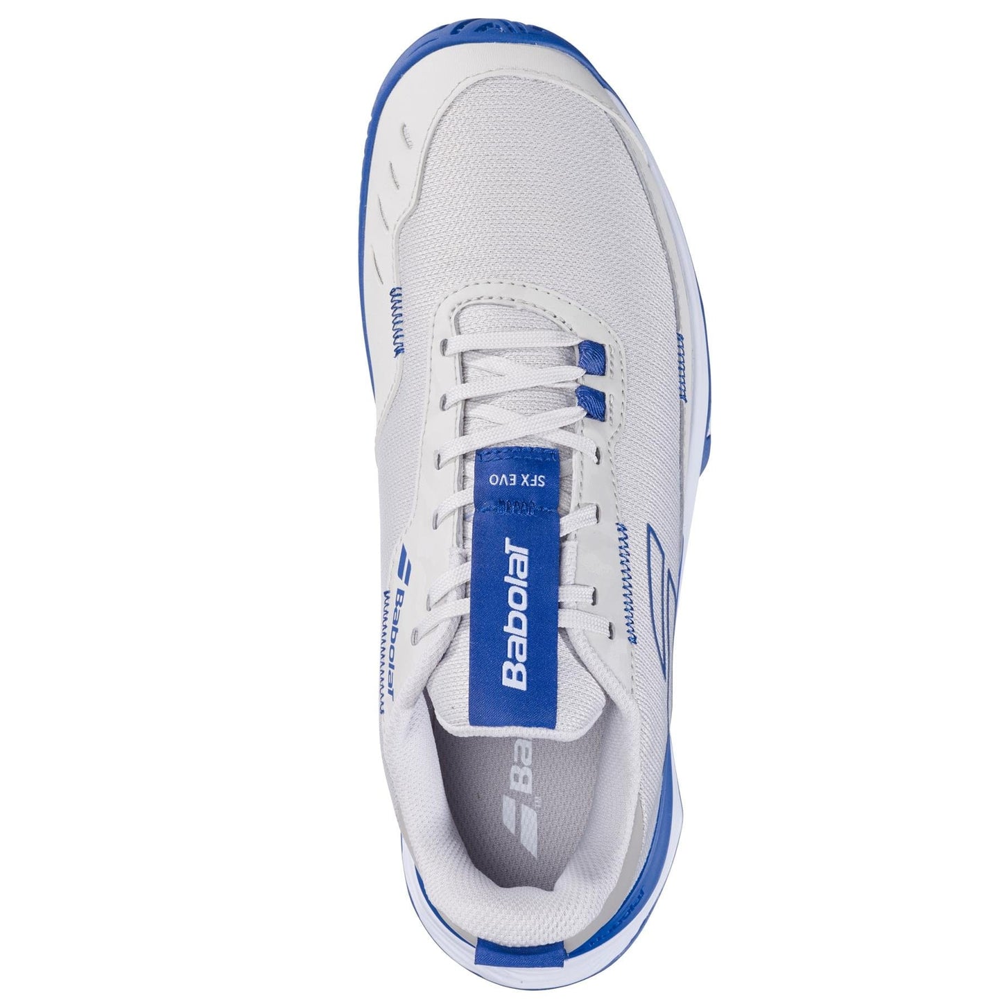 Top view of a Babolat SFX Evo 2024 All Court Men's Tennis Shoe in oatmeal, showcasing its elegant design with blue accents and the brand logo on the tongue. This shoe offers flexibility and comfort, featuring a textured surface and sturdy lacing for optimal performance.