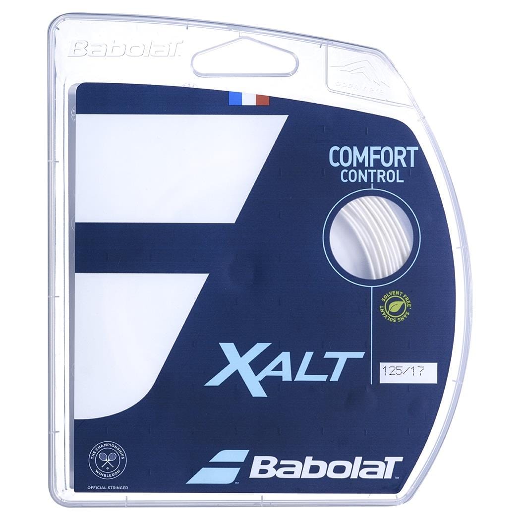 The packaging for the Babolat XALT Tennis String (12m) - White Spiral prominently highlights the string's durable performance. It includes "Comfort Control" and "125/17" text, with a predominantly blue and white design, complete with a small French flag positioned near the top.