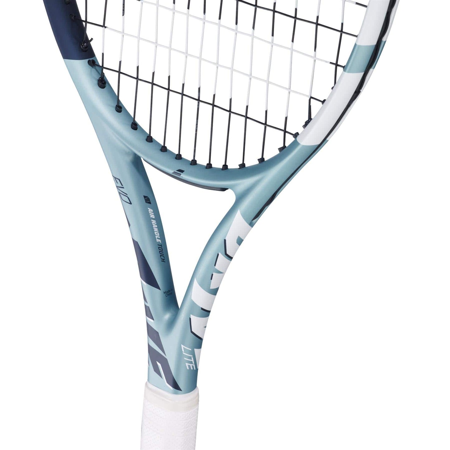 A close-up of the sleek Babolat EVO Drive Lite Gen 2 Tennis Racket reveals its blue and white frame with black strings, a white grip featuring Air Handle Touch technology, and the "Lite" text elegantly displayed on the side.