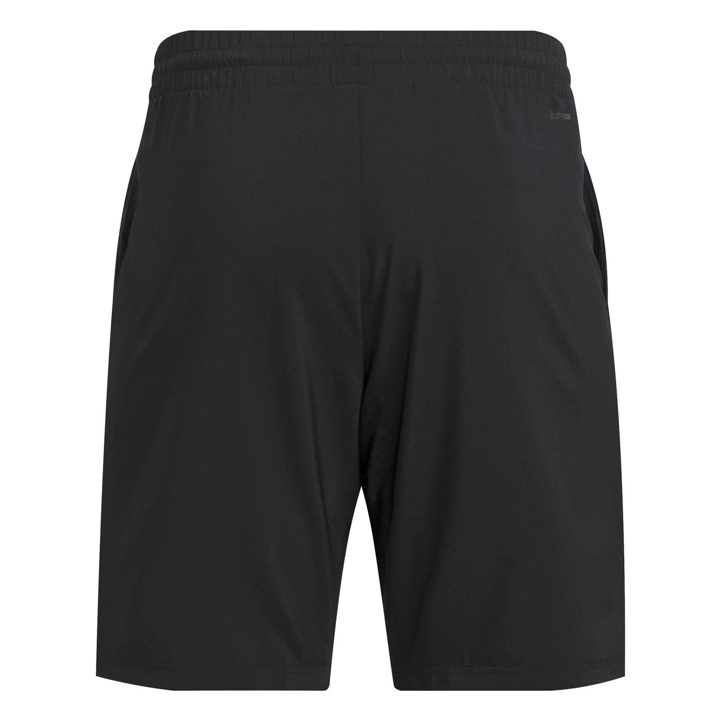 The back view of ADIDAS Men's 3 Stripe Tennis Shorts in black showcases an elastic waistband and side pockets against a white background. These adidas shorts are crafted with moisture-wicking fabric to ensure comfort and dryness.