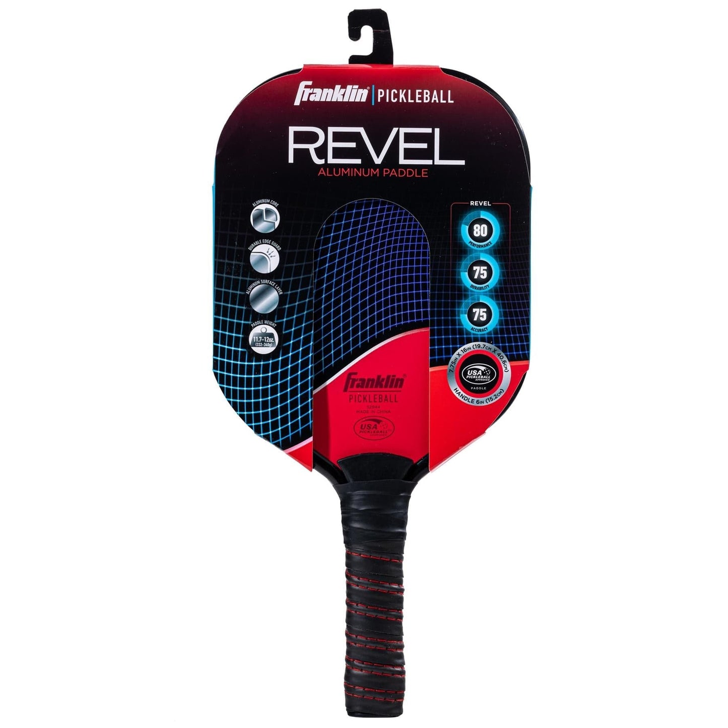 The Franklin Revel Pickleball Paddle - Red by Franklin comes in retail packaging with a black and red design, product details, branding, and USA Pickleball approval—making it a beginner-friendly choice.