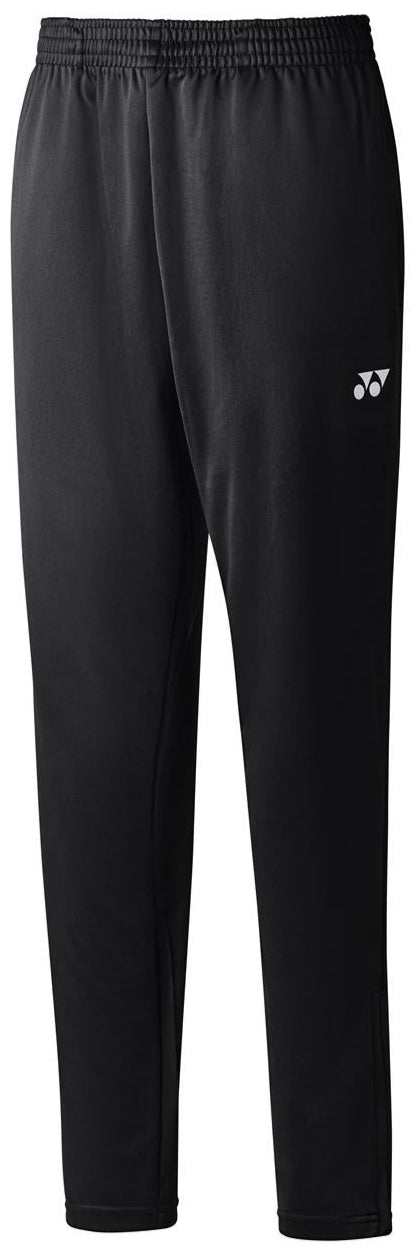 The Yonex YTP123 Unisex Tennis Tracksuit Pants boast a sleek, straight-leg design complemented by an elastic waistband and a discreet white logo on the upper left thigh. These black athletic pants are quick-drying and sweat-absorbent, making them ideal for workouts or casual wear.