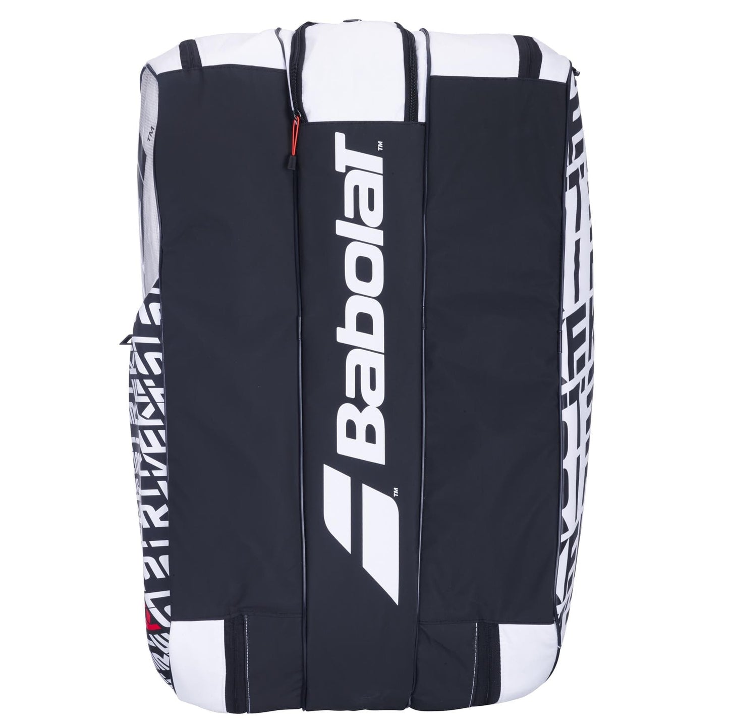 A Babolat RH12 Pure Strike 12 Racket Tennis Bag in white, black, and red with a prominent logo on the front. The design includes abstract patterns on the sides, while its spacious and insulated interior makes it ideal for storing multiple rackets and other tennis equipment.