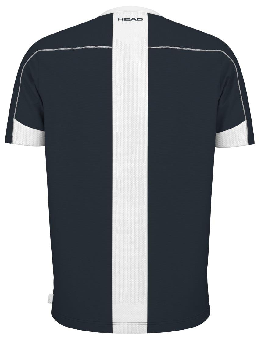 The navy HEAD Play Tech Men's Tennis T-Shirt features a vertical white stripe on the back, "HEAD" printed in black near the neckline, sleeves with white accents, and breathable mesh inserts for enhanced performance with Moisture Transfer Microfiber ensuring ultimate comfort.