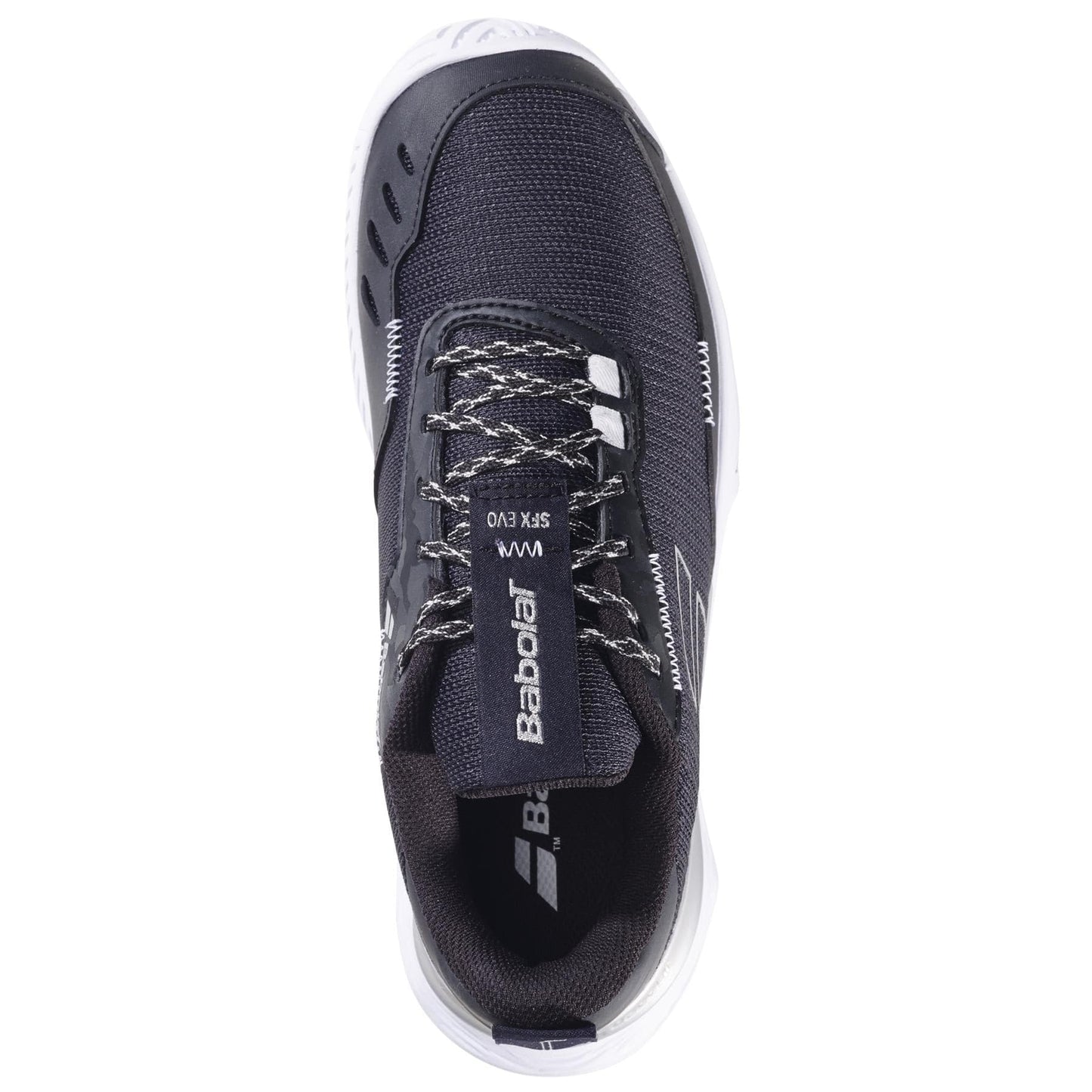Top view of a black/silver Babolat SFX EVO All Court 2025 Women's Tennis Shoe features textured surface, patterned laces, and logo on the tongue. The sleek white sole is crafted from Michelin Original rubber for enhanced durability and grip.