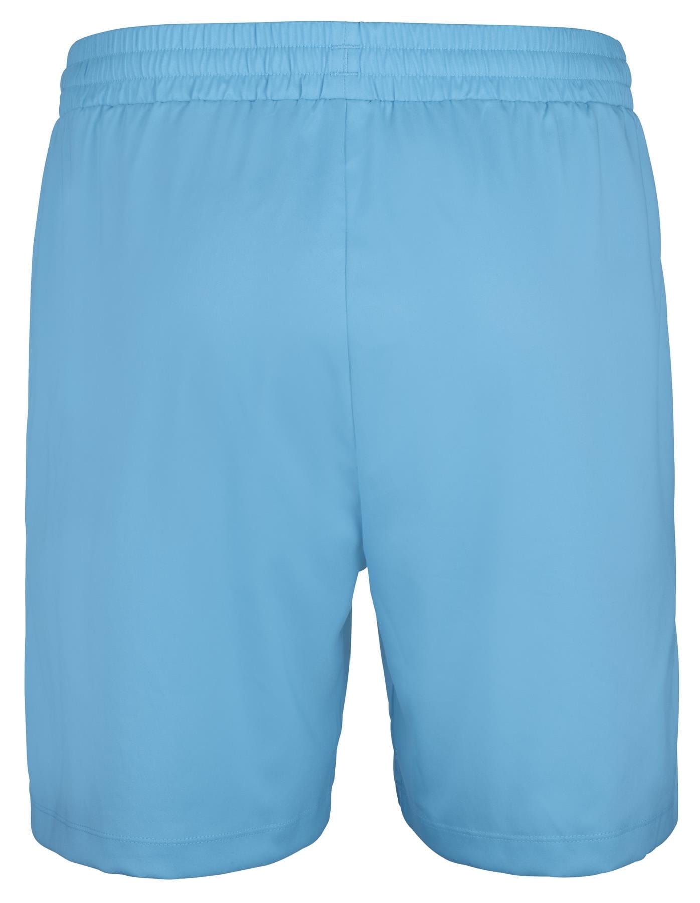 Cyan blue Babolat Play Men's Tennis Shorts by Babolat, crafted from recycled polyester fabric, are displayed from the back against a white background and feature an elastic waistband.