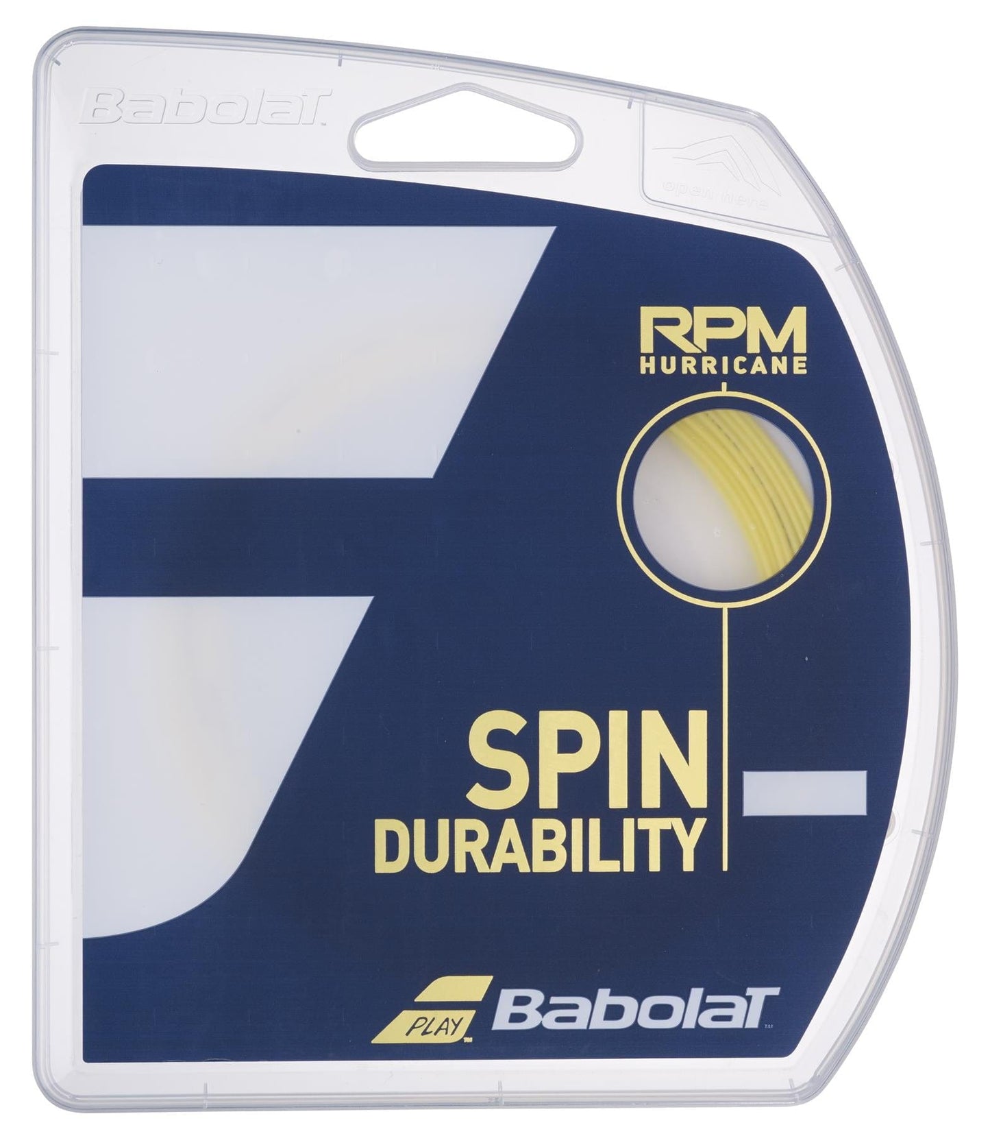 The image features the packaging of the Babolat RPM Hurricane Tennis String (12m) in yellow, highlighting "SPIN DURABILITY" and prominently displaying "RPM Hurricane." A cutout reveals the yellow string inside, which offers enhanced control. The blue and white packaging proudly bears the Babolat logo.