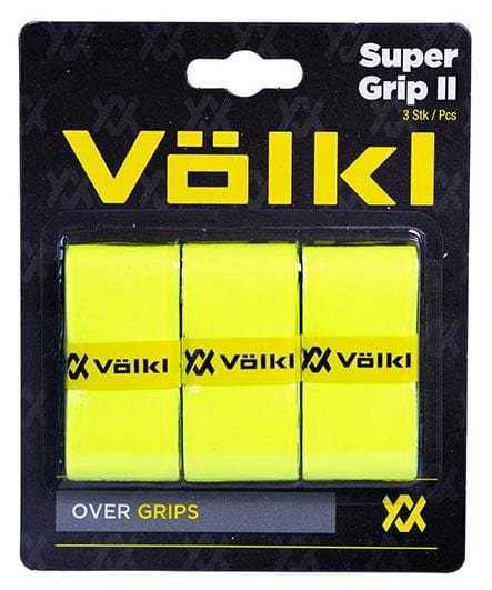 Packaging for the Volkl Super Grip II Tennis Overgrip - 3 Pack in Yellow. It includes three ultra-thin overgrips in a vibrant yellow, each displaying the Völkl logo, and is designed to provide a tacky feel for enhanced grip on sports equipment.