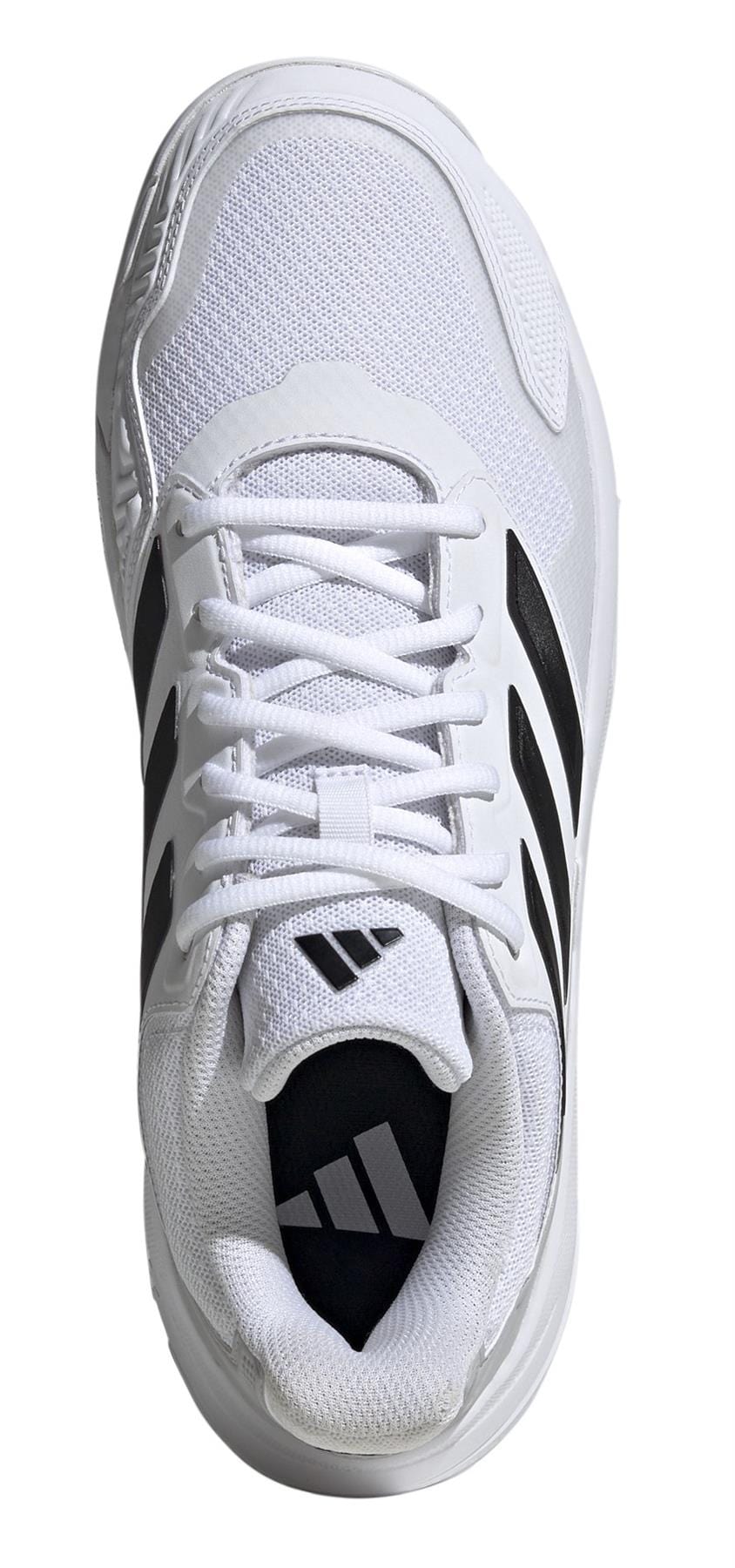 Top view of the ADIDAS CourtJam Control 3 Men's Tennis Shoes in white, featuring black stripes and a logo on the tongue. Crafted from sustainable materials, these adidas shoes have a textured upper and thick sole, ideal for sports or casual wear.