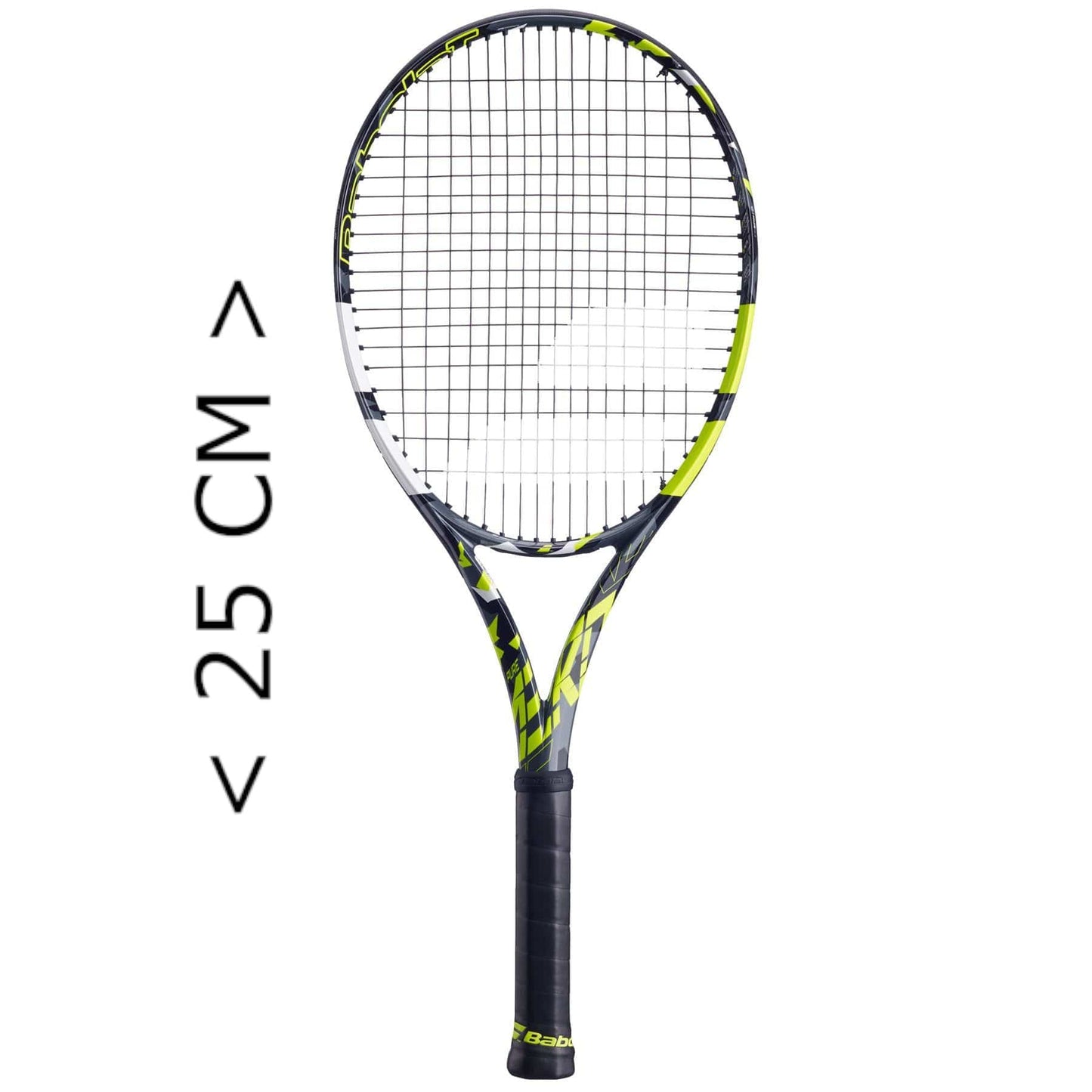 The Babolat Mini Pure Aero Tennis Racket showcases a black grip with a sleek neon yellow and black frame. White strings enhance its design, and "25 CM" is marked by a vertical arrow on this charming tennis accessory.