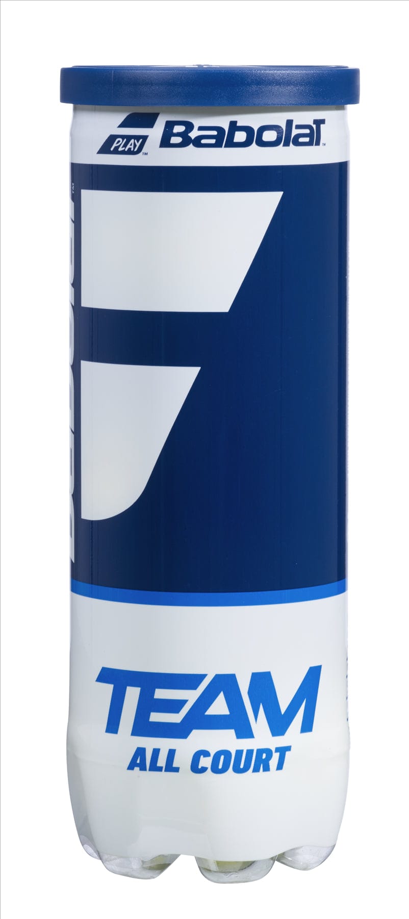 A blue and white canister labeled "Babolat Pure Team All Court Tennis Balls" is specifically designed to store high-performance tennis balls. The container features a prominent logo and style characteristic of sports equipment packaging, perfectly complementing the Babolat experience.