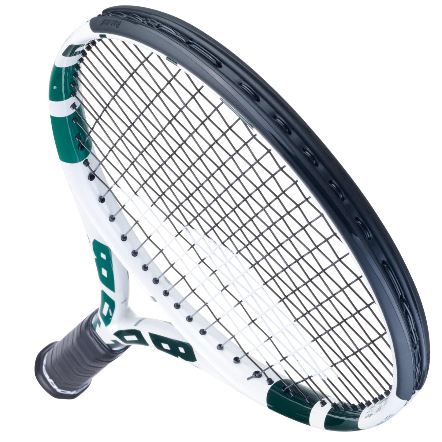 A close-up of the Babolat Boost Drive Wimbledon Tennis Racket showcases its black and white frame highlighted with green accents. The strings are tightly tensioned across its oval head, and the handle is equipped with a black grip. Displayed against a plain white background, this racket captures the elegance synonymous with Wimbledon Boost from Babolat.