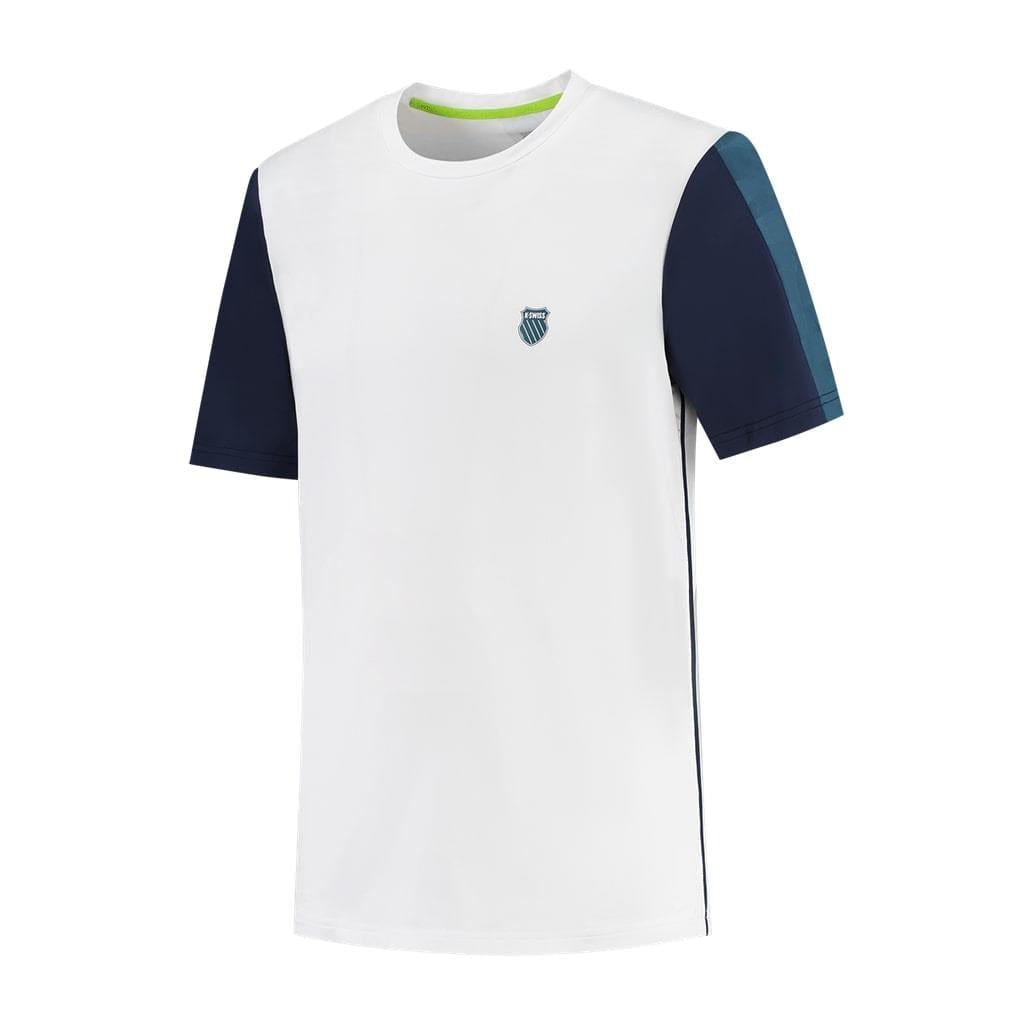 Introducing the K-Swiss Hypercourt Crew Tee 3 Men's Tennis T-Shirt in white, a part of the high-performance range by K-Swiss. This athletic shirt features navy blue short sleeves with lighter stripes along the sides and a small emblem on the left chest. It's crafted from breathable polyester and includes a collar with light green interior trim.