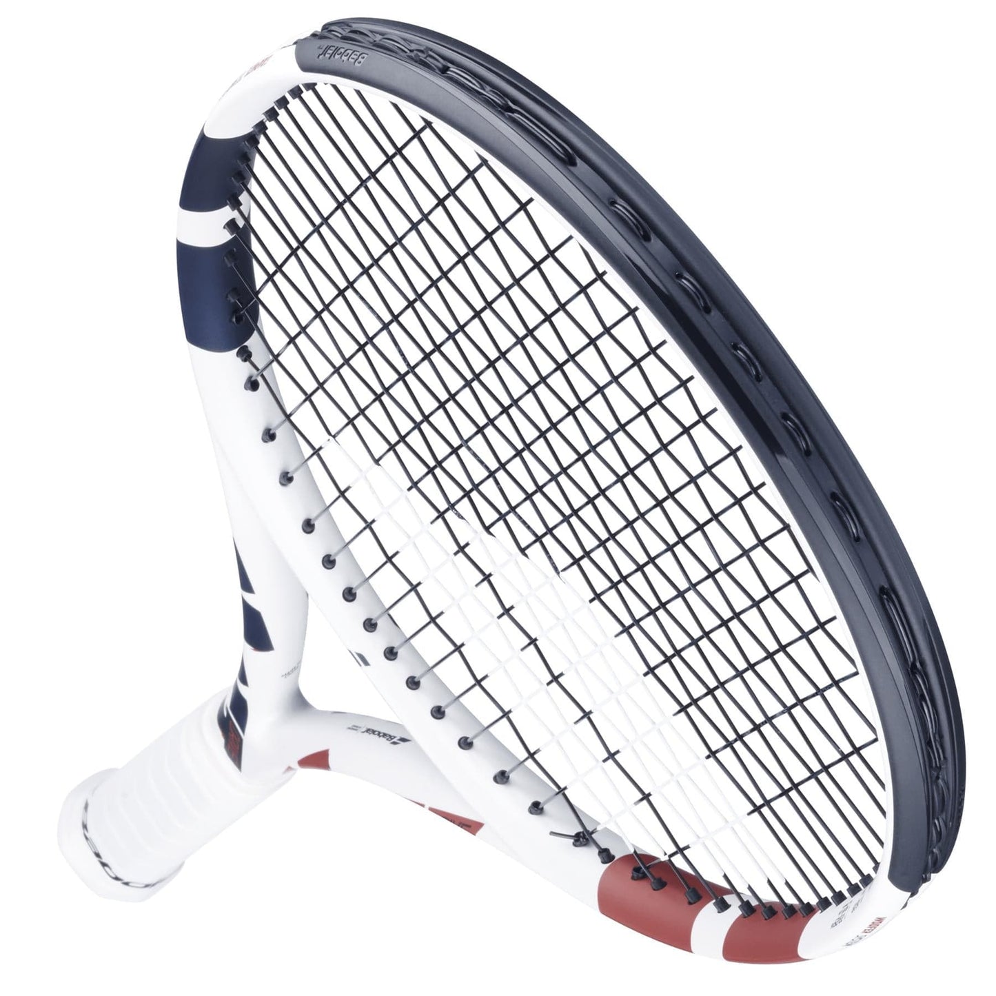 The Babolat Boost Drive tennis racket features a lightweight graphite frame in white with red and blue accents. It includes a Woofer System in the crisscross string pattern, and its handle, with white grip tape, is set against a pristine white background.