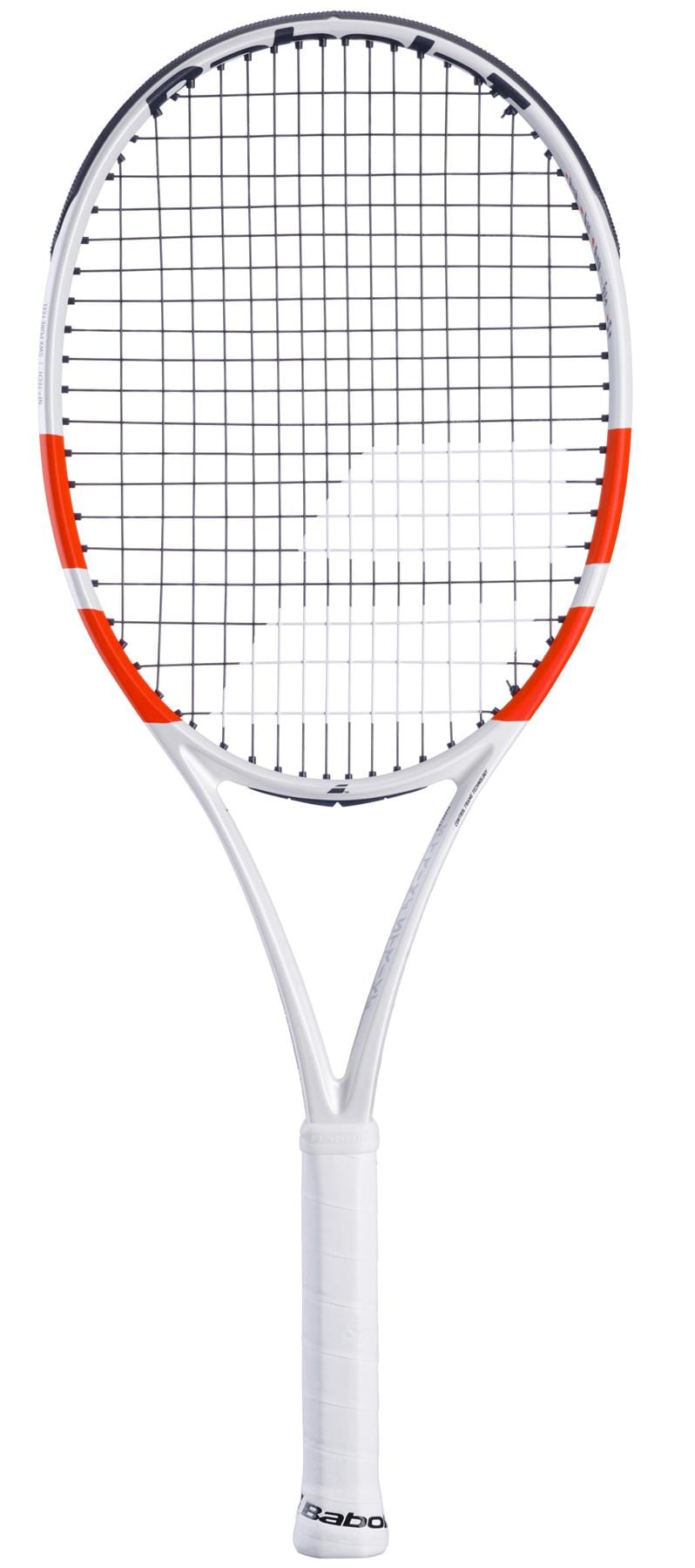 The Babolat Pure Strike Lite Gen4 Tennis Racket in white, red, and black is a lightweight option featuring a grid pattern on the strings for enhanced control and feel. Its wrapped handle provides comfort, while the Babolat name is prominently displayed on the side of the frame.