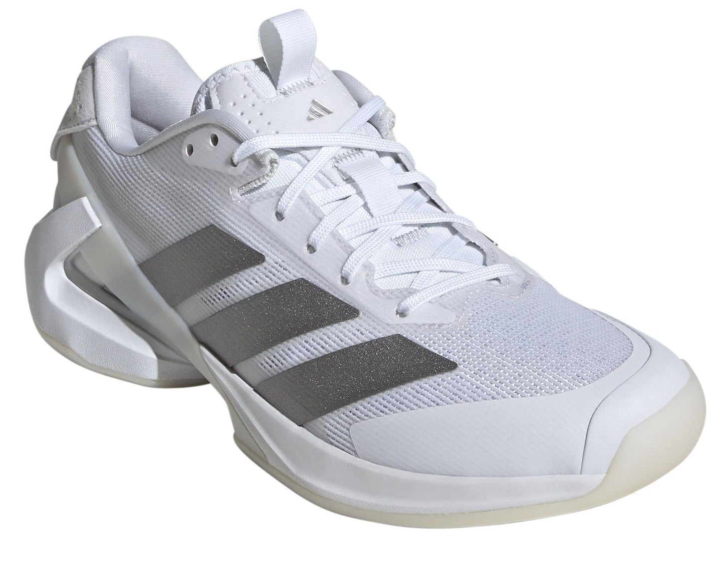 The ADIDAS Adizero Ubersonic 5 women's tennis shoes offer a white athletic design with gray stripes and a textured upper. They feature a responsive Lightstrike midsole, lace-up closure, unique heel design, low-profile sole, and convenient pull tab at the tongue.