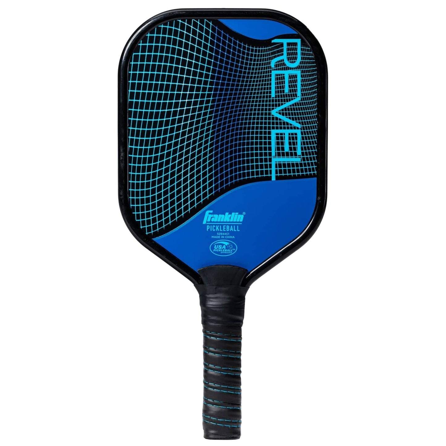 The Franklin Revel Pickleball Paddle - Blue by Franklin is USA Pickleball approved, features black trim, a black handle with blue-striped grip tape, and a geometric web design with "REVEL" on the face; ideal for beginners.
