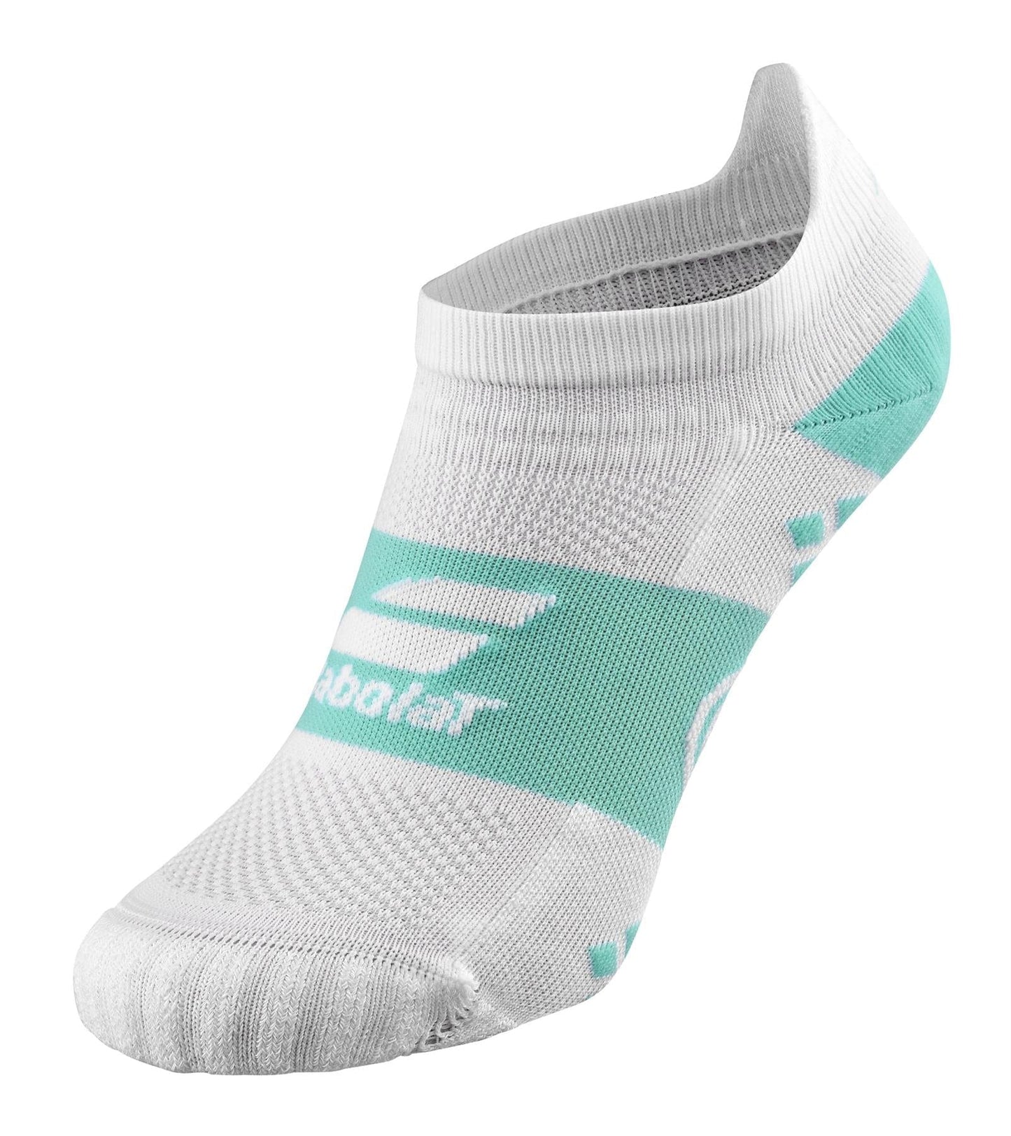 The Babolat Pro Crew Women's Tennis Socks in White and Cockatoo feature an ankle-length design with a white base and aqua green accents. They prominently display the "Babolat" brand name and logo. Engineered for comfort and 360-degree support, these socks utilize Dri-Release technology, offering a textured sole and breathable fabric to keep you performing at your best on the court.