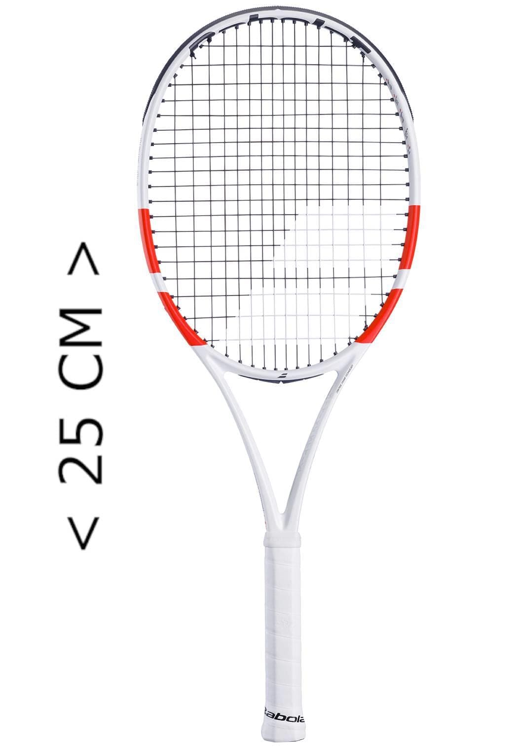 The Babolat Mini Pure Strike Tennis Racket boasts a sleek white frame with red accents and is wrapped in white grip tape. An arrow indicates its 25 CM size, making it the perfect mini replica for tennis fans.
