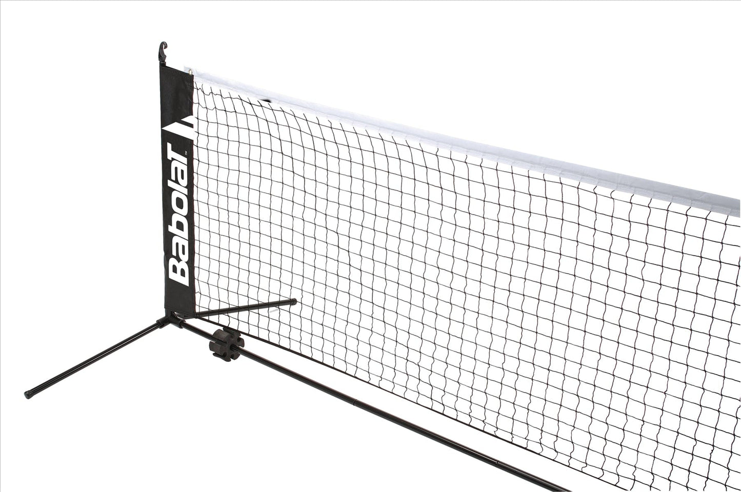 Ideal for children's tennis practice, the Babolat Mini Tennis Net boasts a sophisticated black and white design accented by the "Babolat" branding on its side. Its robust metal frame ensures durability and portability, making it perfect for use against a plain white backdrop or any location of your choice.
