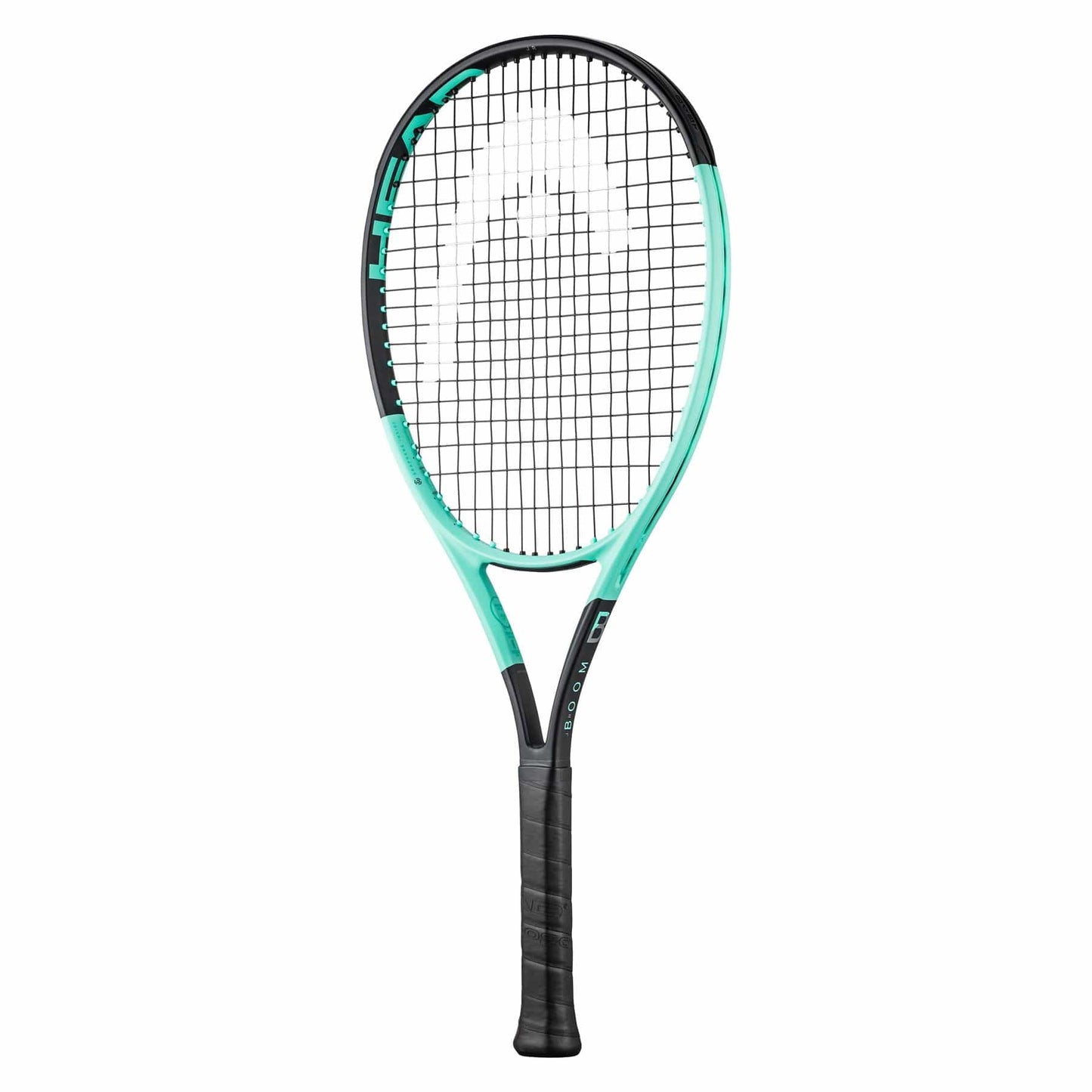 The HEAD Boom Junior 25 2024 Tennis Racket features a stylish black and mint frame paired with a sleek black grip handle. Incorporating Graphene Inside technology, the strings create an accurate grid pattern, and the word "HEAD" is prominently displayed on the side for an iconic touch.