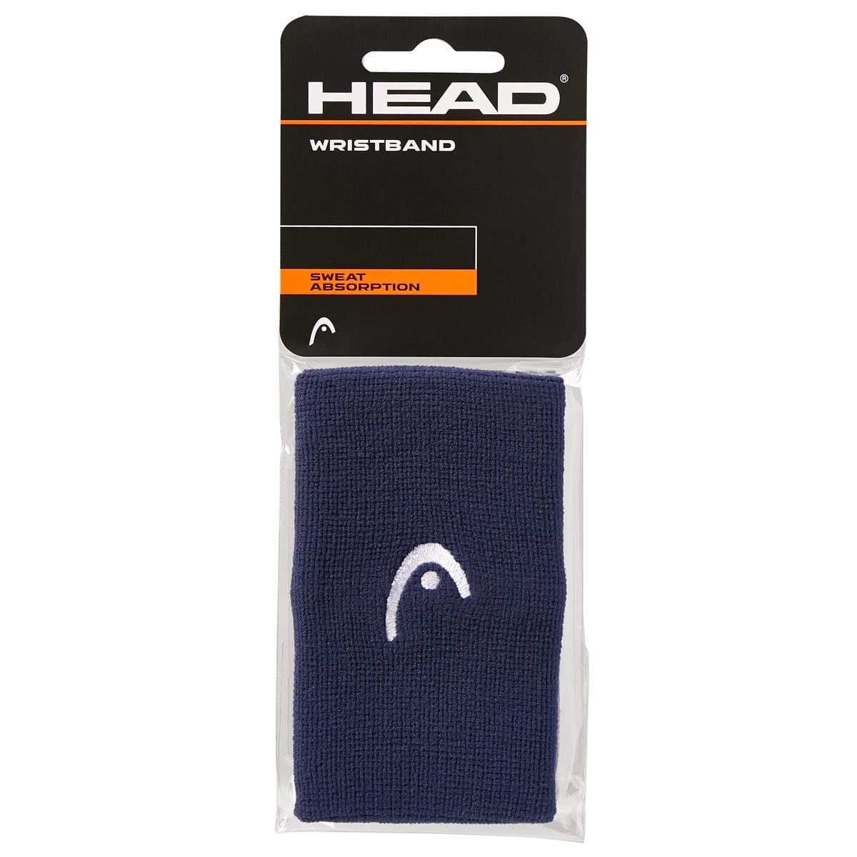 The image showcases the packaged "HEAD 5\" Tennis Wristband - Navy." Ideal for sweat absorption, this navy wristband features a discreet white logo. The clear packaging is enhanced with sophisticated black and orange design elements, perfectly blending functionality with style.