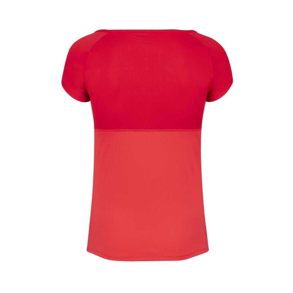 A tomato red cap sleeve tennis top from Babolat is displayed from the back. Made with FiberDry fabric, the upper section presents a darker shade of red, transitioning to a lighter hue at the bottom. The Babolat Play Women's Cap Sleeve Top offers a straightforward and casual design ideal for any workout session.